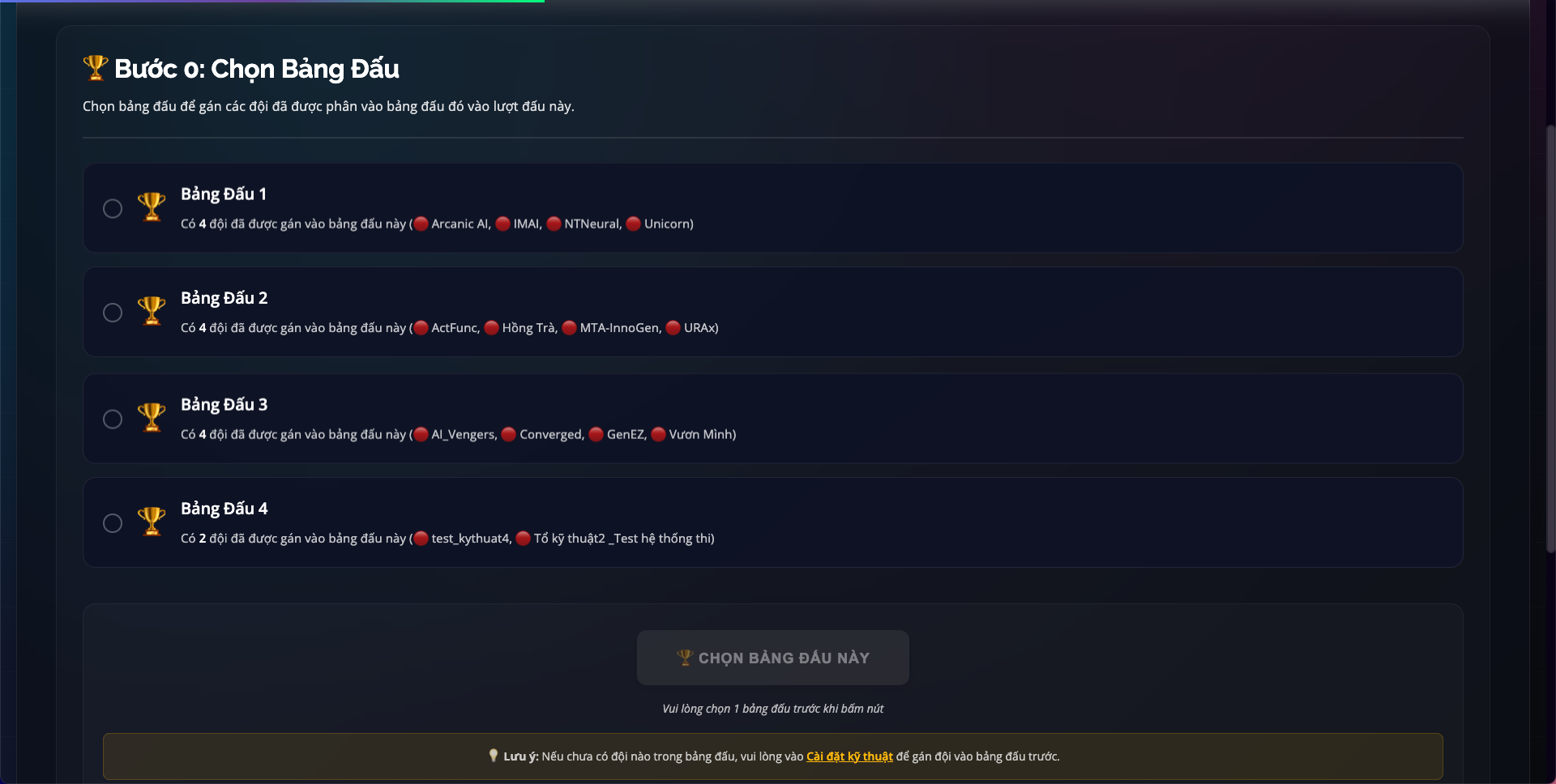 Màn hình Admin Control Panel - Bước 0 Chọn Bảng Đấu