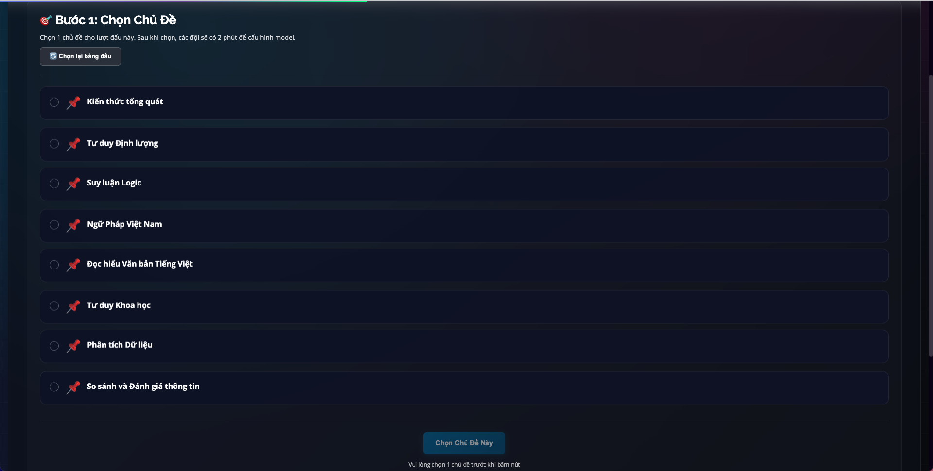 Màn hình Admin Control Panel - Bước 1 Chọn Chủ Đề