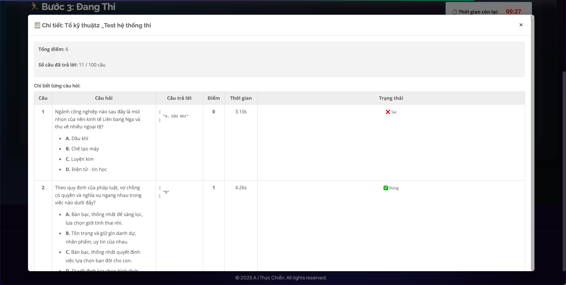 Màn hình Admin Control Panel - Bước 3 Đang Thi với Leaderboard