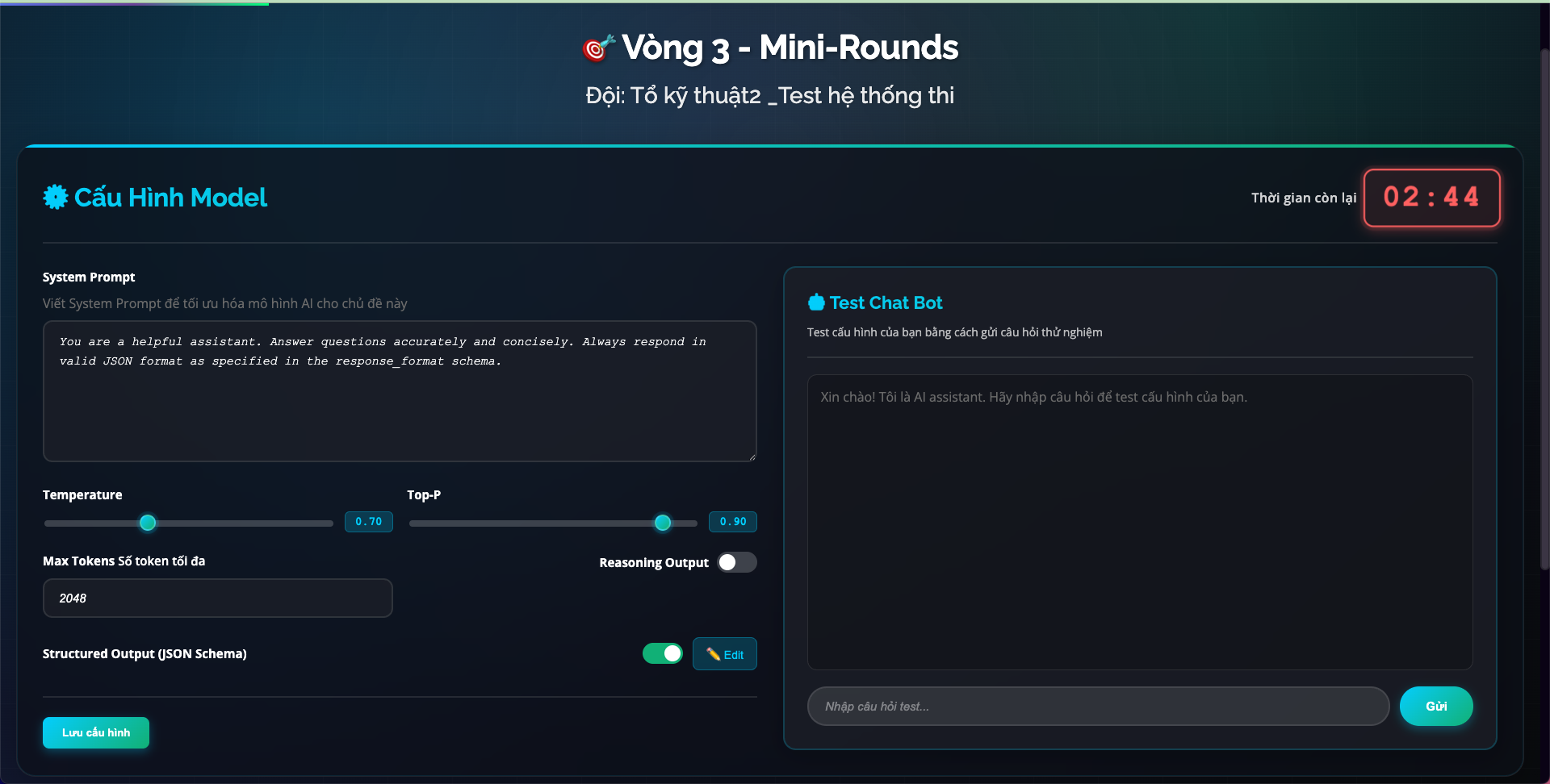 Màn hình Team Dashboard - Test Chat Bot