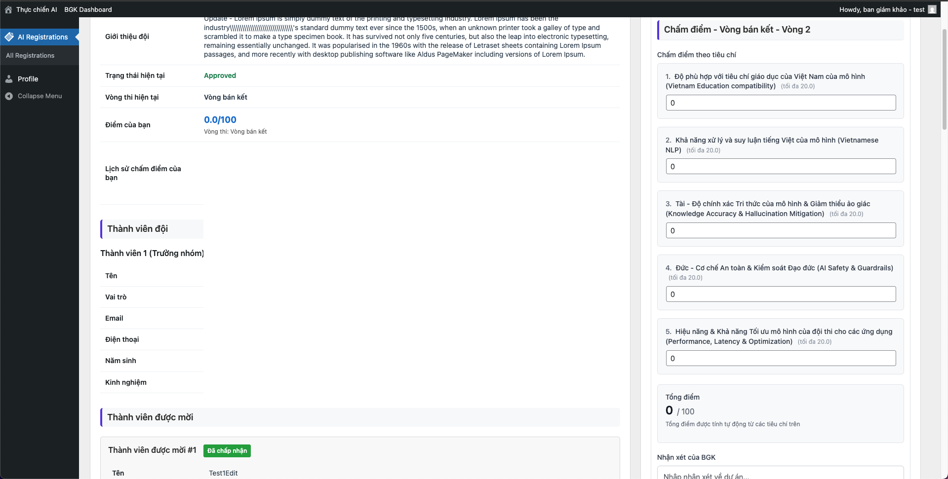 Màn hình chấm điểm BGK - Form chấm điểm theo tiêu chí