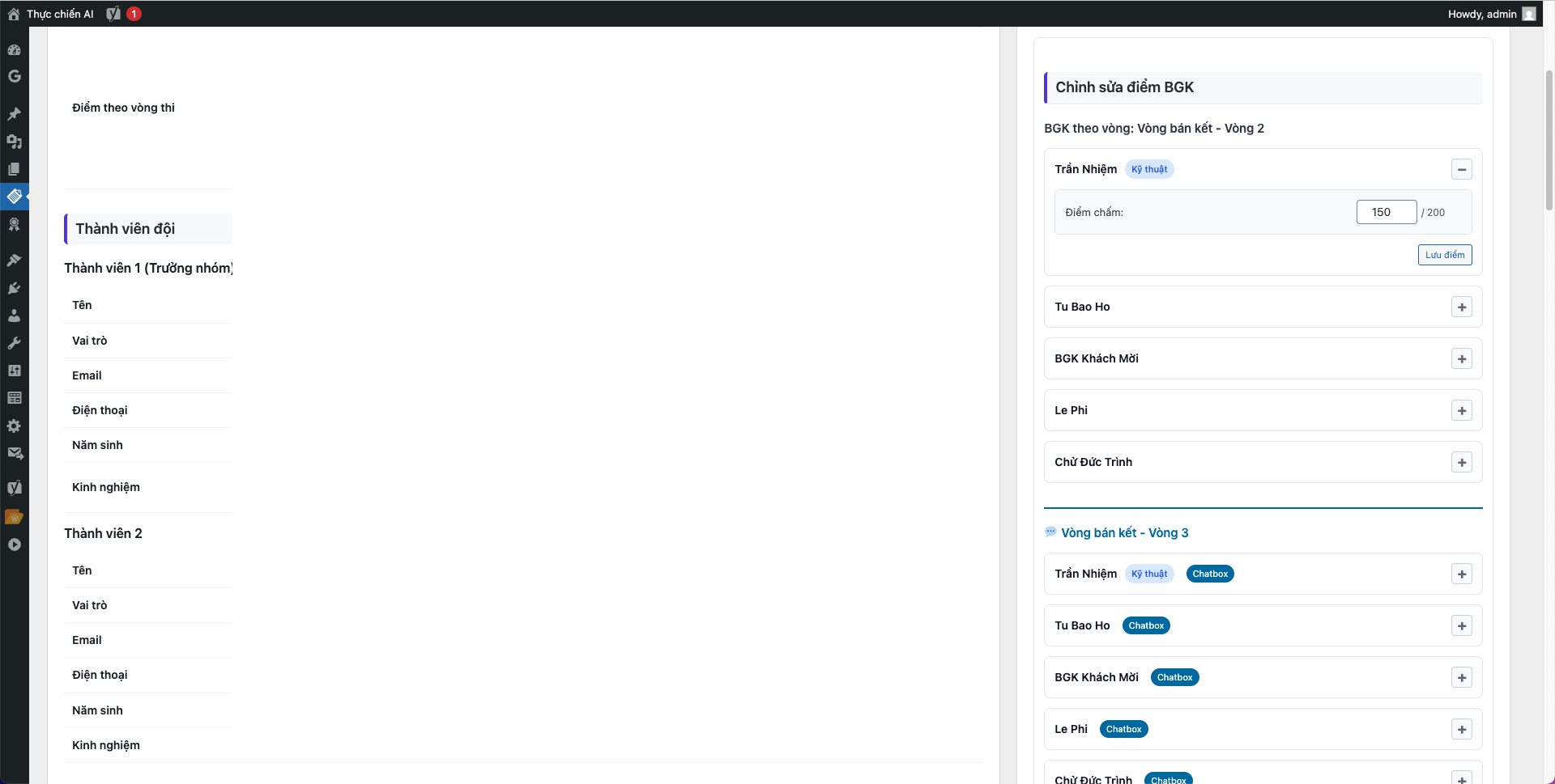Màn hình quản lý, chỉnh sửa điểm Admin - Danh sách điểm BGK