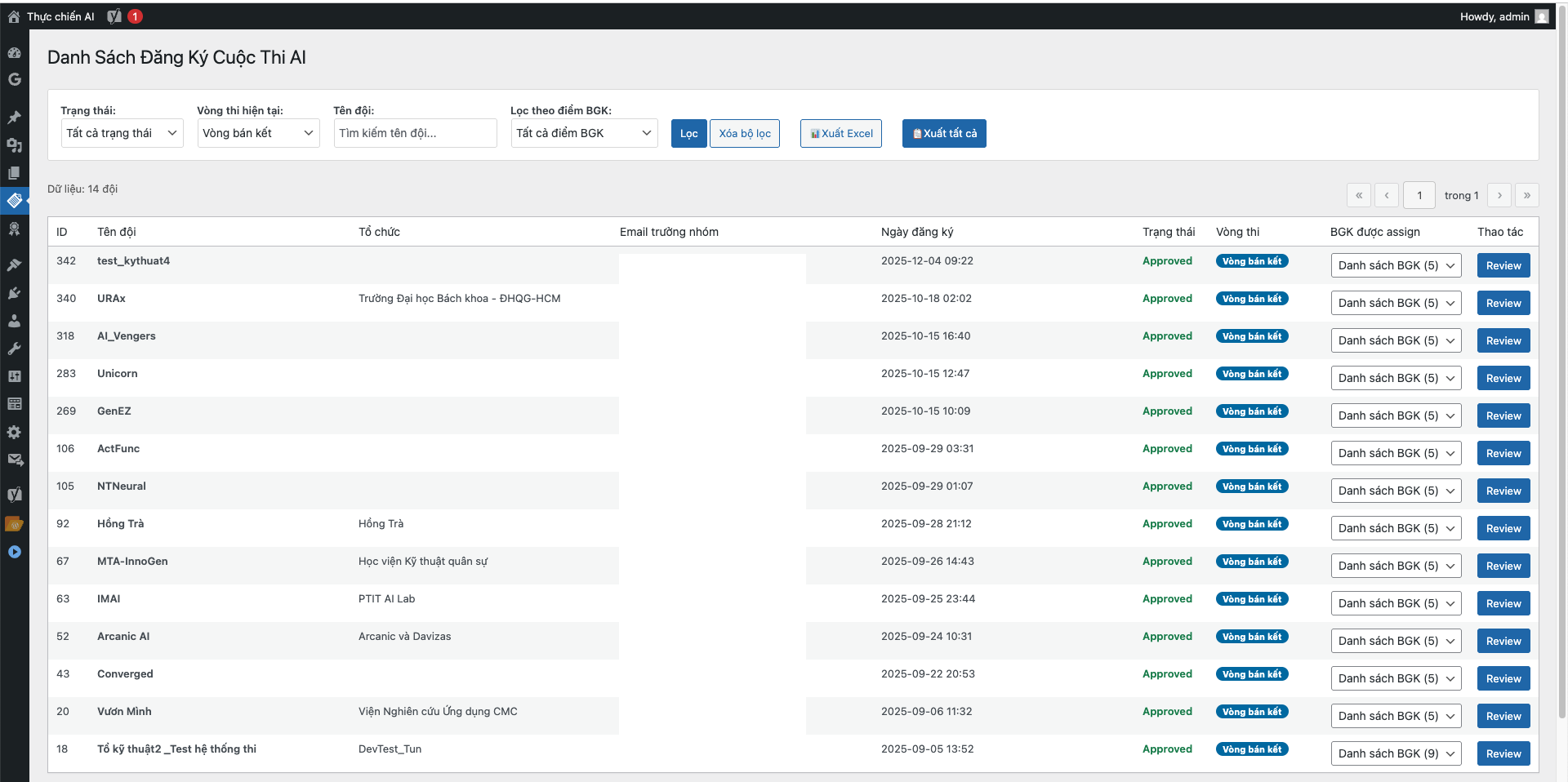 Màn hình quản lý đội thi