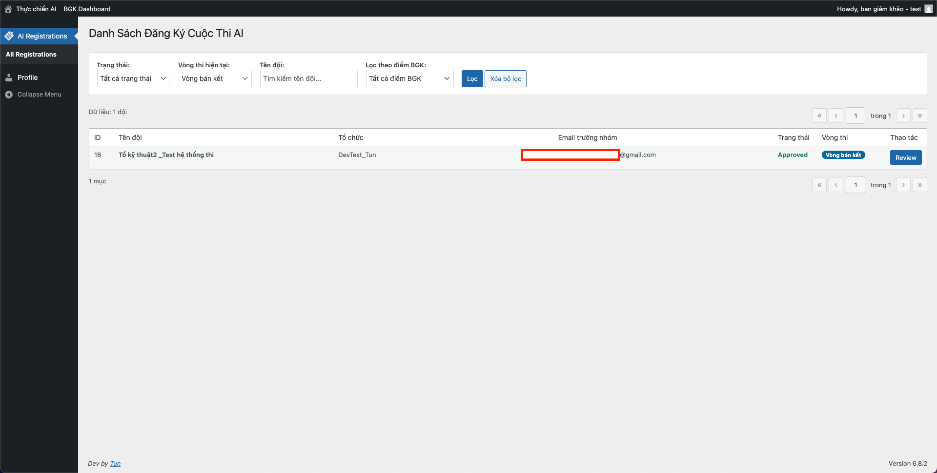 Màn hình chấm điểm BGK - Chọn đội thi